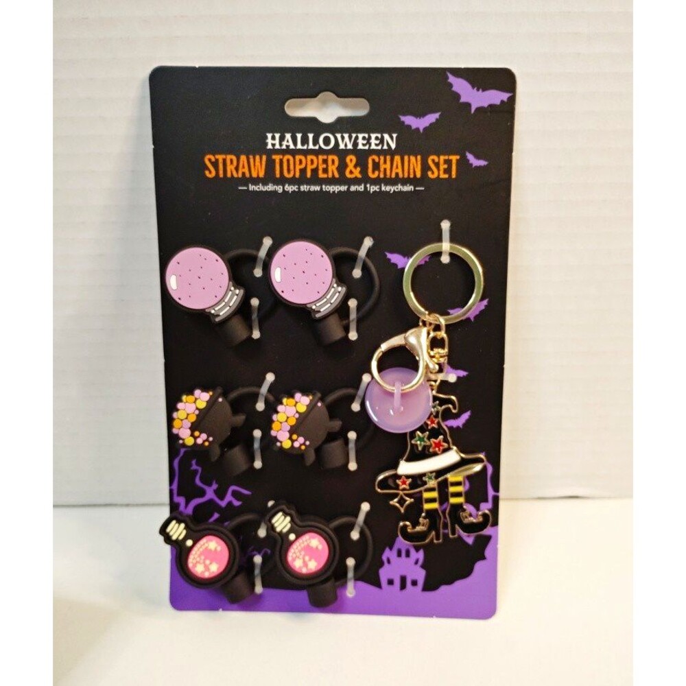 Halloween Plastic Straw Topper & Chain Set w/ Keychain Fits Straws Up To 8mm